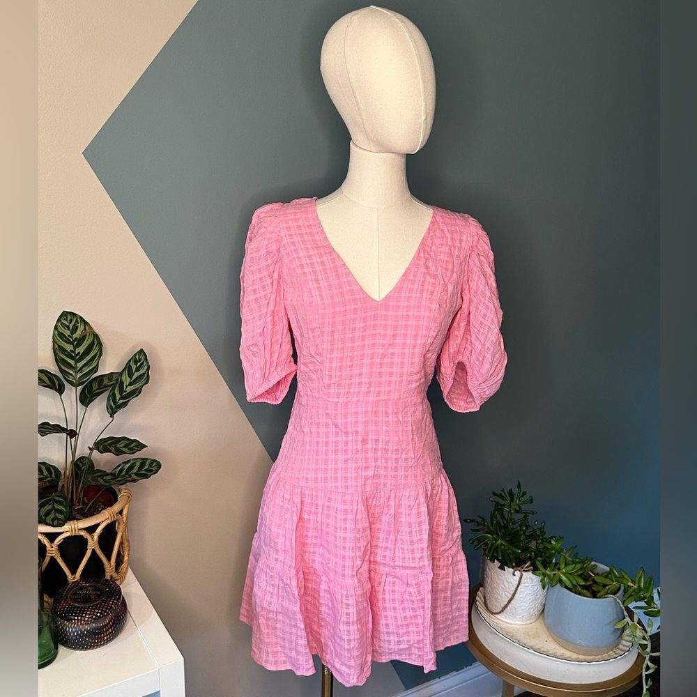 French Connection 71SOY Moonlight Mauve Puff Sleeve Tiered V-Neck Mini Dress XS